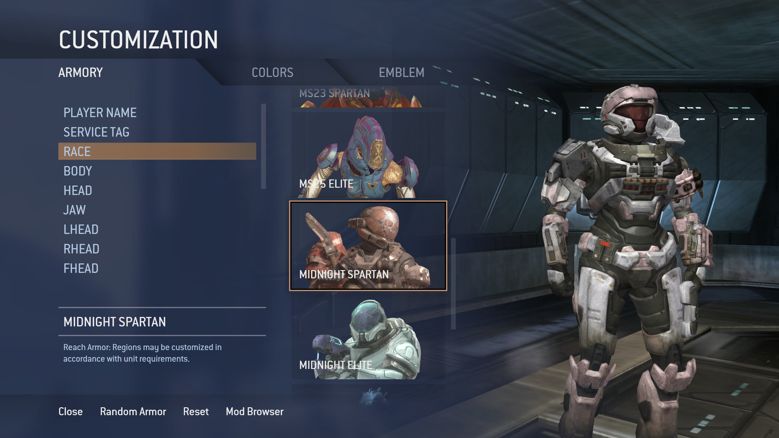 Menú de personalización con armaduras al estilo de Halo Reach gracias al mod Customization++.